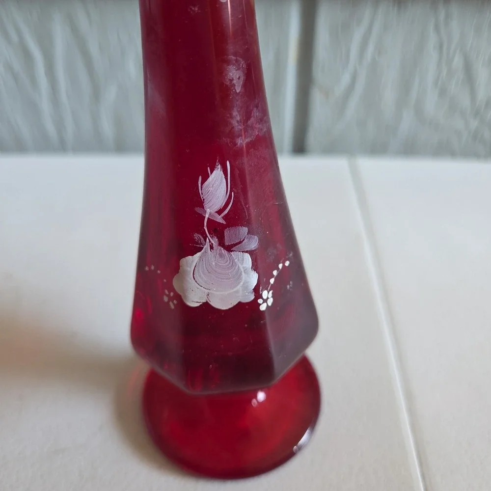 Fenton Ruby Red Swung Bud Crimped Glass Vase Hand-Painted Floral Artist Signed